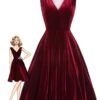 Red 1950s Velvet Polka Dot Lined Bow Dress