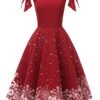 Red 1950s Off-shoulder Snowflake Dress