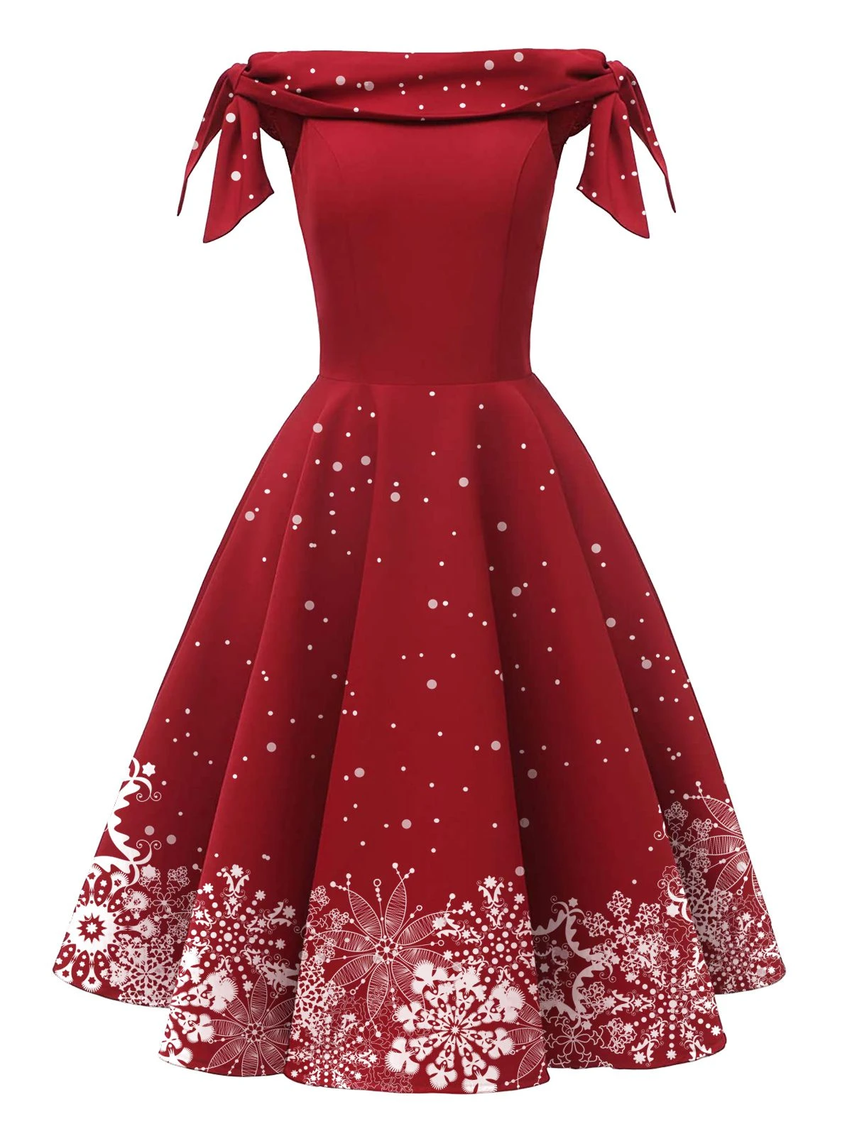 Red 1950s Off-shoulder Snowflake Dress 1 Red 1950s Off-shoulder Snowflake Dress