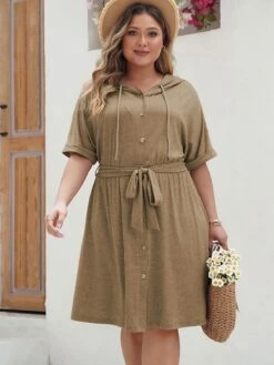 [Plus Size] Khaki 1950s Solid Hooded Belt Dress -Candi Clothing Shop 05