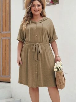 [Plus Size] Khaki 1950s Solid Hooded Belt Dress -Candi Clothing Shop 06