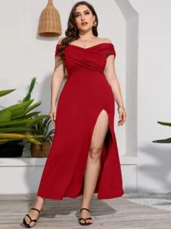 [Plus Size] 1930s Off-Shoulder Solid Long Dress