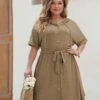 [Plus Size] Khaki 1950s Solid Hooded Belt Dress