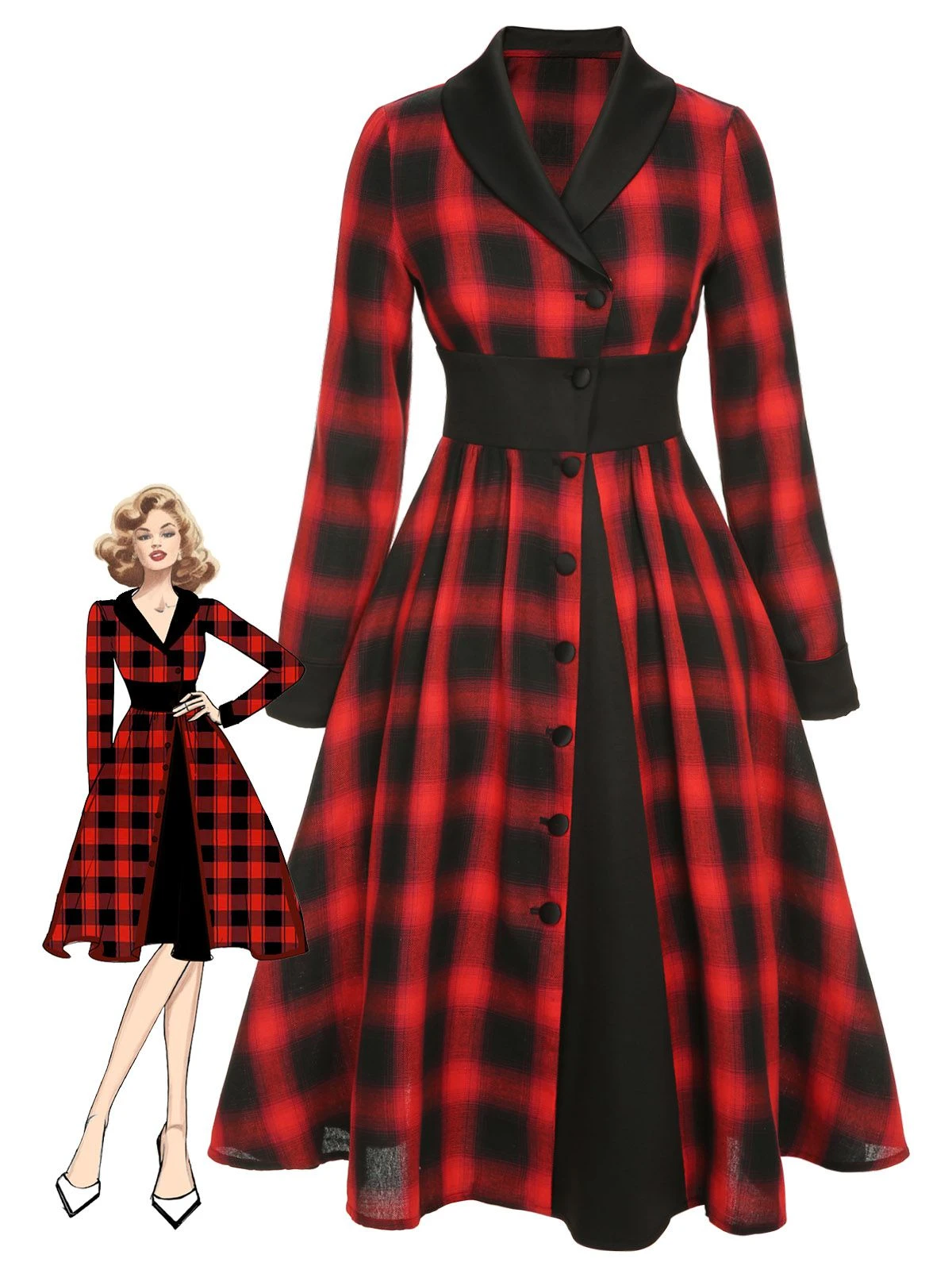 Black&Red 1950s Gingham Plaid Button Lapel Dress 1 Black&Red 1950s Gingham Plaid Button Lapel Dress