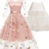 2PCS Pink 1950s Dress & White Petticoat