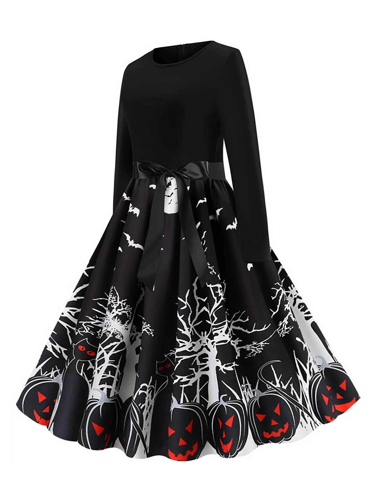 Black 1950s Halloween Pumpkin Long Sleeve Dress 2 Black 1950s Halloween Pumpkin Long Sleeve Dress - Image 2