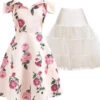 2PCS Floral 1950s Dress & White Petticoat
