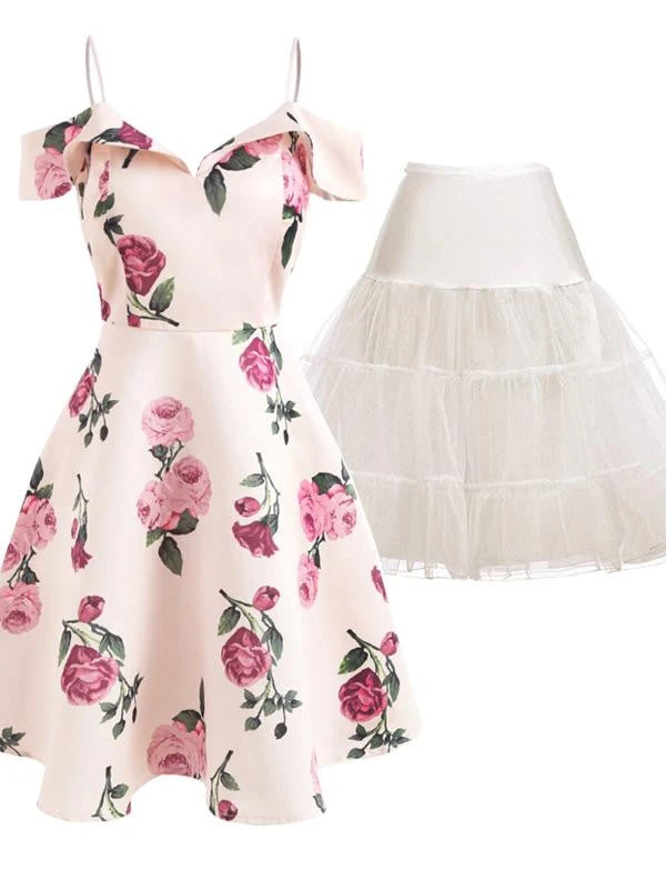 2PCS Floral 1950s Dress & White Petticoat 1 2PCS Floral 1950s Dress & White Petticoat