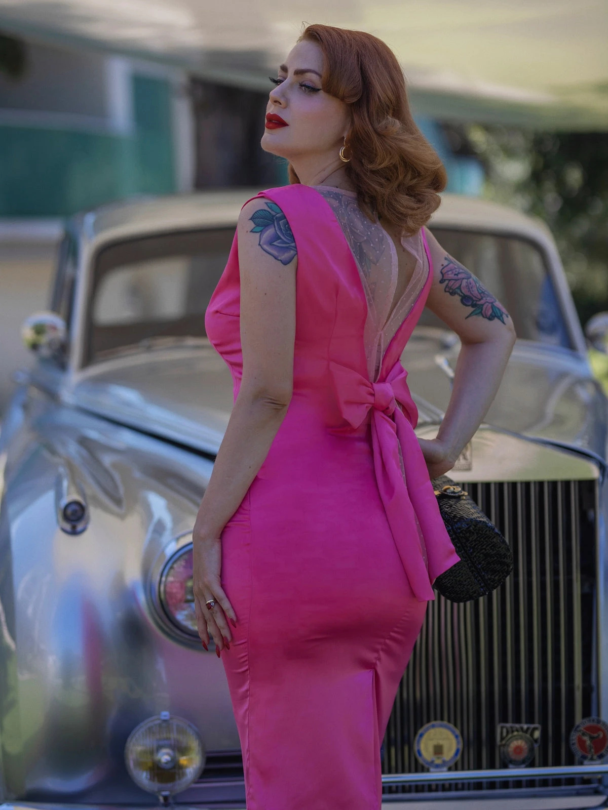 Rose Red 1960s Satin Solid Pencil Dress 2 Rose Red 1960s Satin Solid Pencil Dress - Image 2