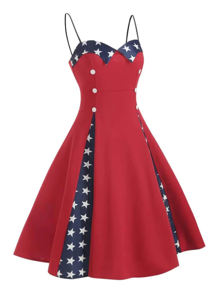 Red 1950s Stars Patchwork Strap Dress 2 Red 1950s Stars Patchwork Strap Dress - Image 2