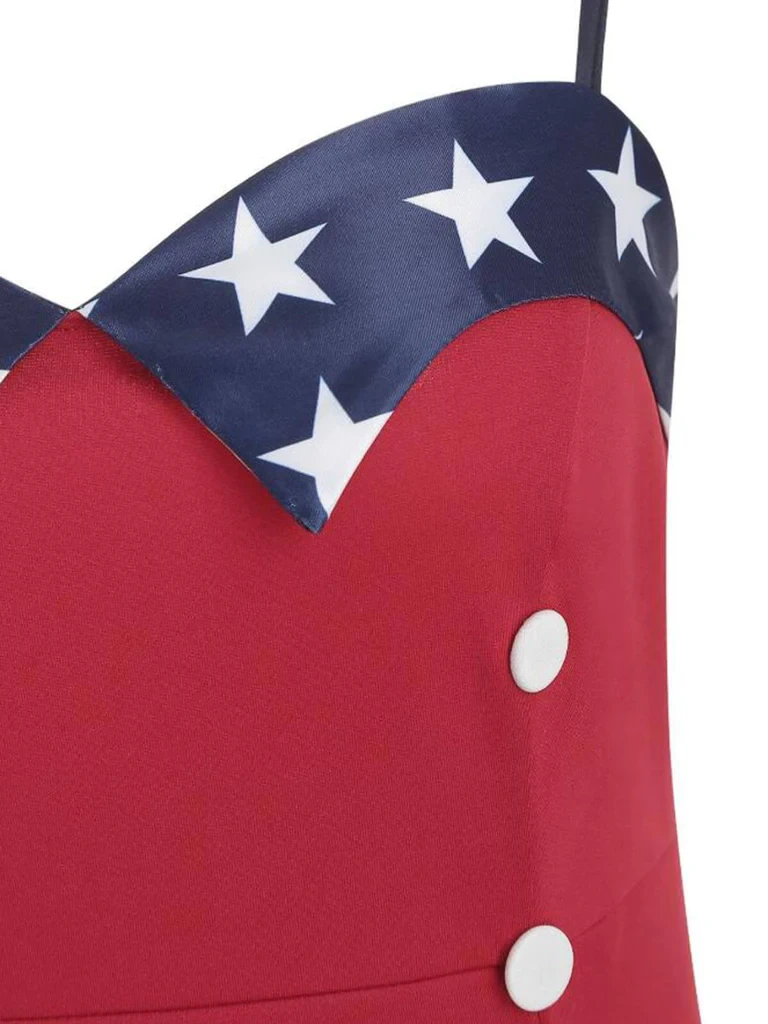 Red 1950s Stars Patchwork Strap Dress 4 Red 1950s Stars Patchwork Strap Dress - Image 4