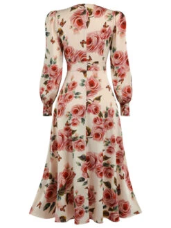 1940s Rose V-Neck Long Sleeves Dress -Candi Clothing Shop 1J2A5960