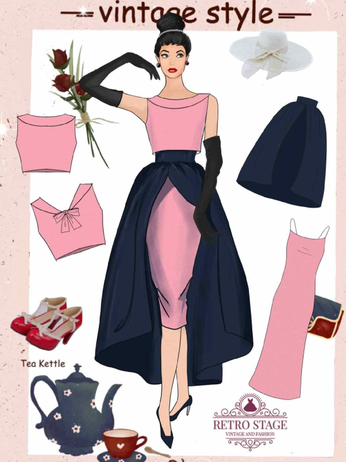 3PCS Pink 1960s Bow Blouse & Spaghetti Dress & Umbrella Skirt 3 3PCS Pink 1960s Bow Blouse & Spaghetti Dress & Umbrella Skirt - Image 3