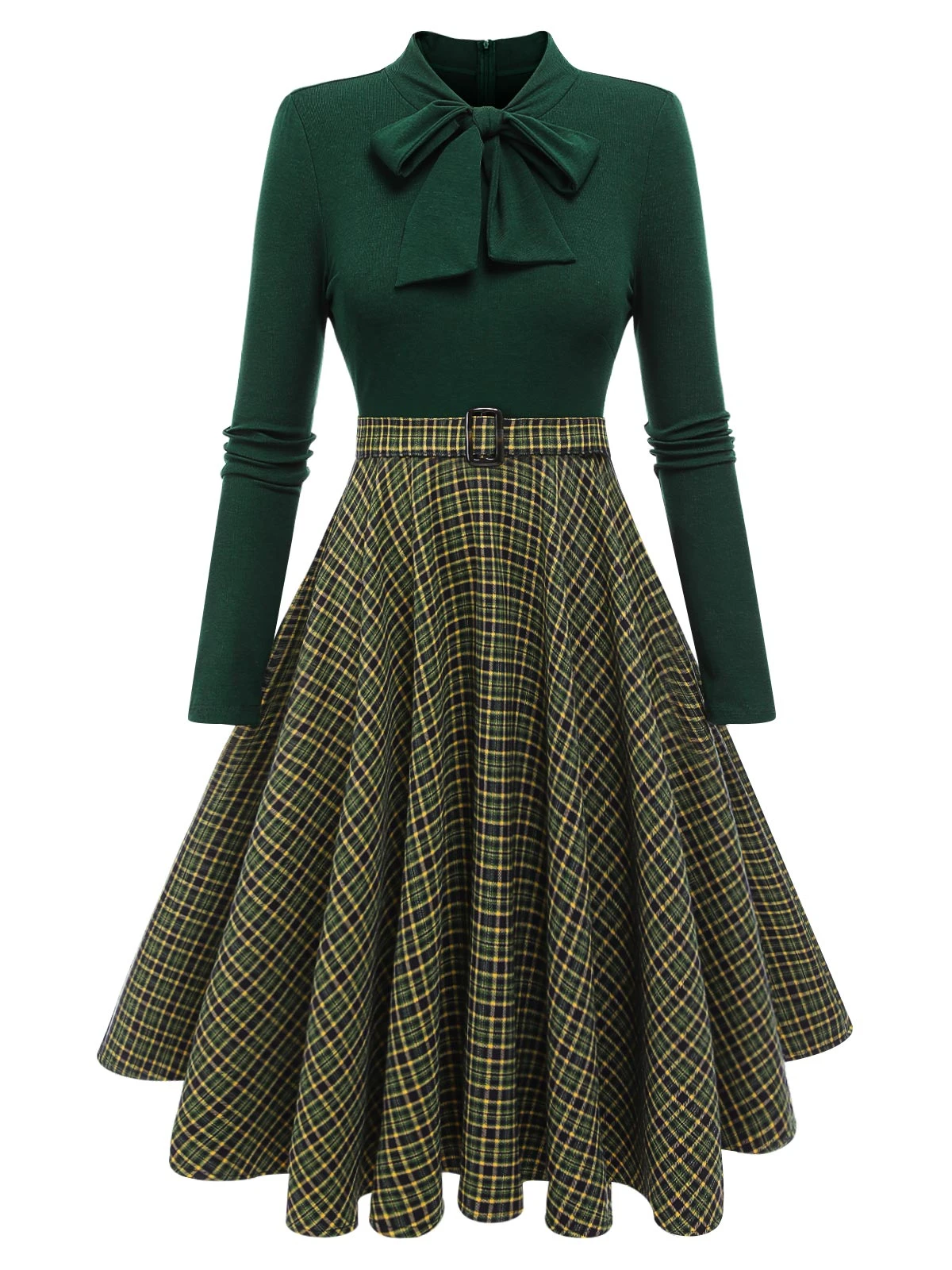 Dark Green 1950s Plaid Knitting Dress 2 Dark Green 1950s Plaid Knitting Dress - Image 2