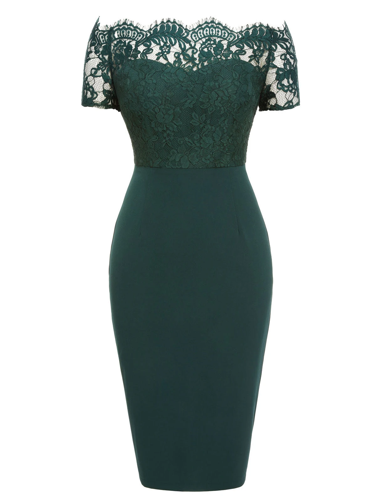Dark Green 1960s Lace Off-shoulder Dress 2 Dark Green 1960s Lace Off-shoulder Dress - Image 2