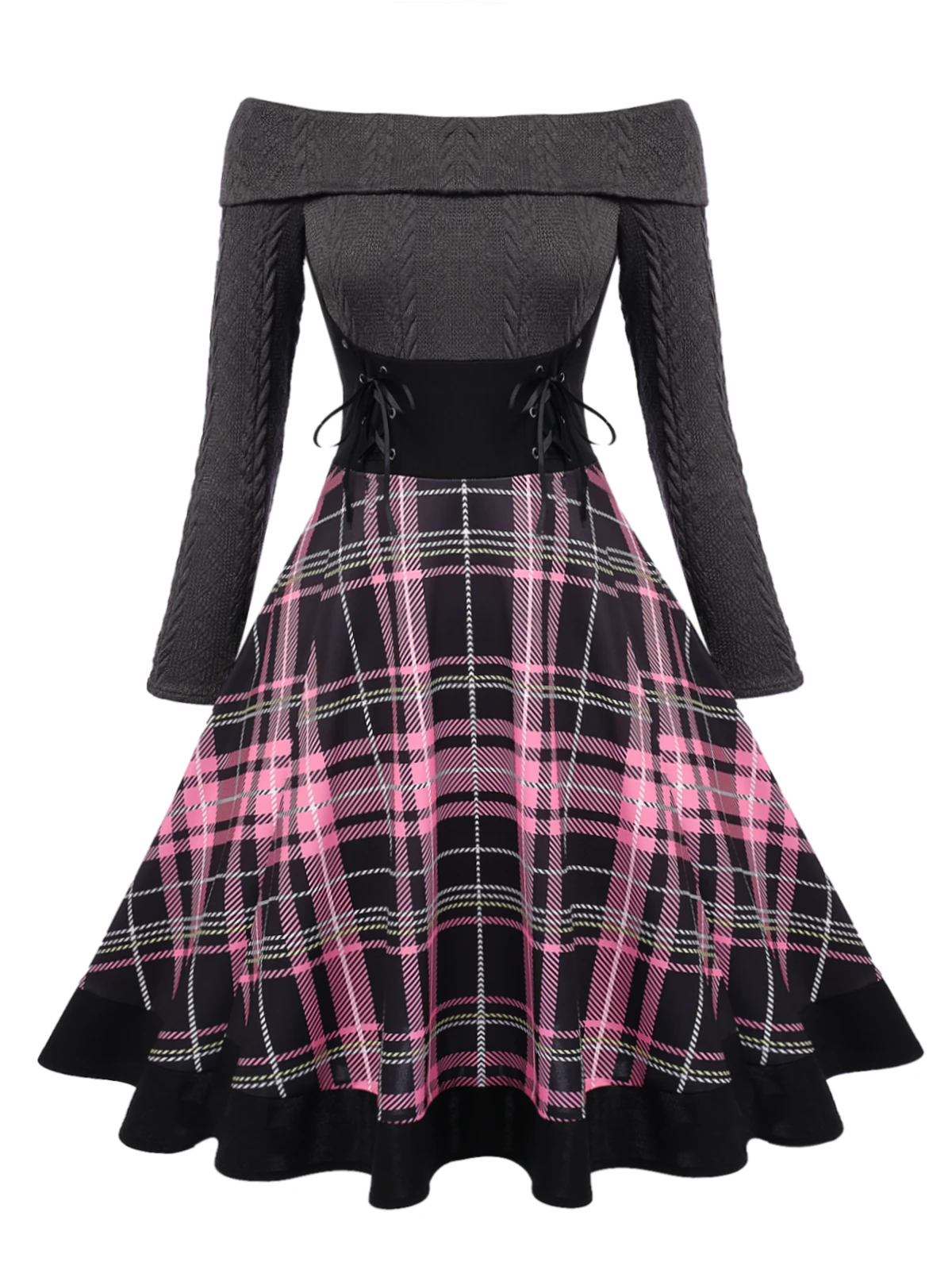 Plaids 1950s Off Shoulder Knitted Dress 1 Plaids 1950s Off Shoulder Knitted Dress