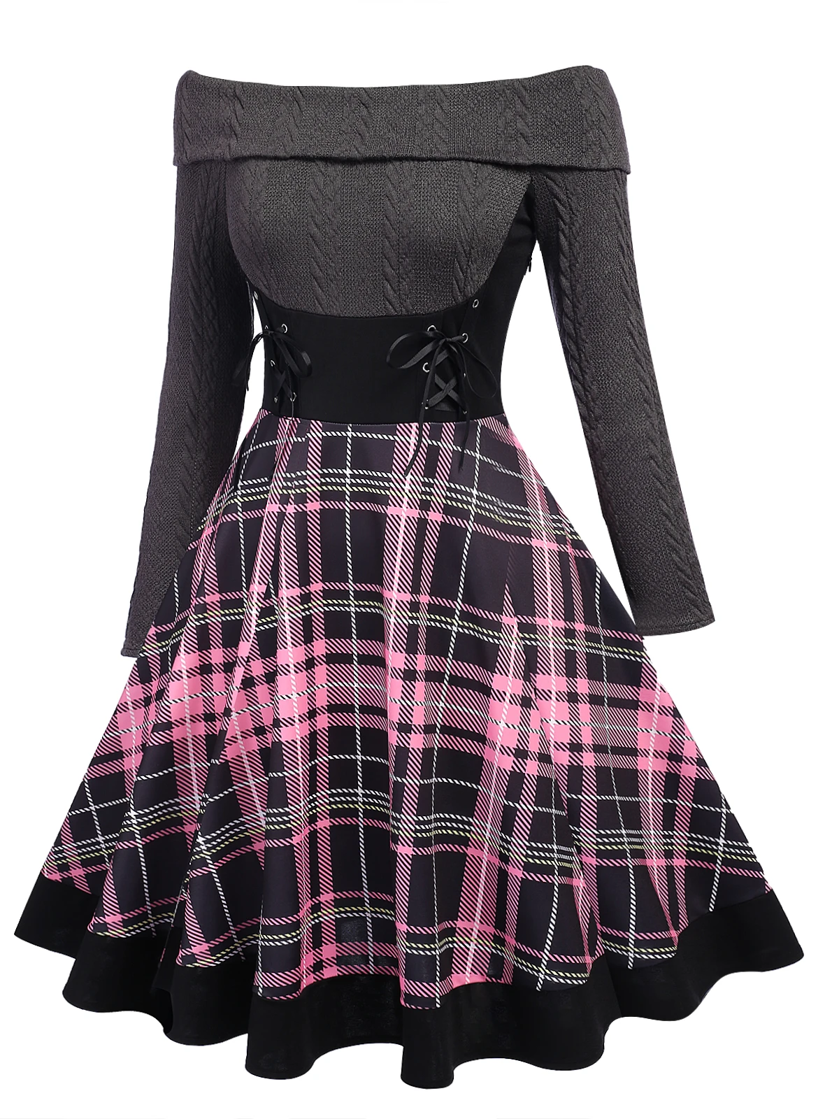 Plaids 1950s Off Shoulder Knitted Dress 2 Plaids 1950s Off Shoulder Knitted Dress - Image 2