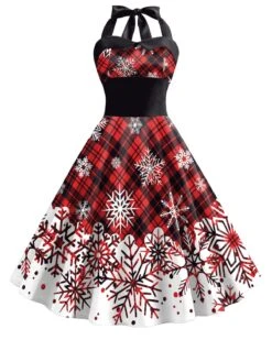 1950s Christmas Plaid Snowflake Halter Dress