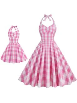 2PCS Parent-child Outfit-1950s Plaid Halter Swing Dress