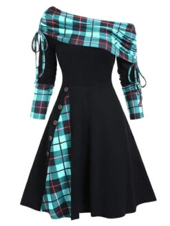1950s Plaid Patchwork Lace-Up Off-Shoulder Dress 11 1950s Plaid Patchwork Lace-Up Off-Shoulder Dress -Candi Clothing Shop 4 151332fb 3bd3 4eb1 8a15 22d984036c3d