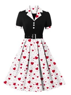 [Plus Size] 1950s Color Block Polka Dots Lapel Dress
