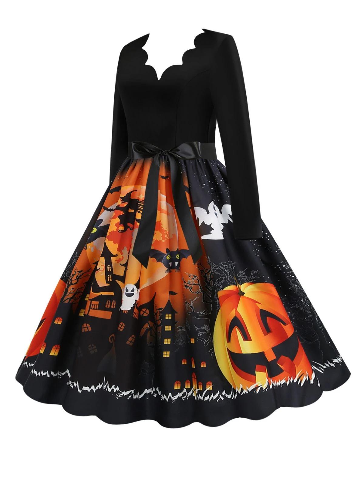 1950s Halloween Pumpkin V-Neck Hepburn Dress 2 1950s Halloween Pumpkin V-Neck Hepburn Dress - Image 2