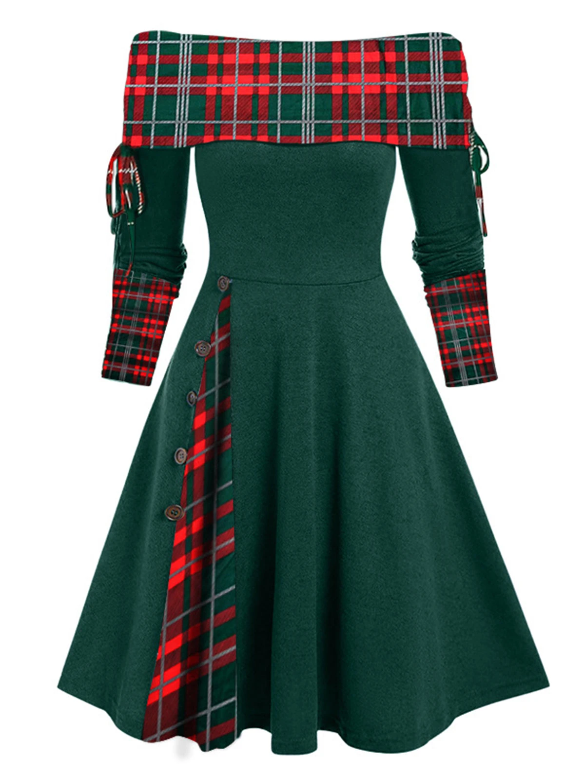 1950s Plaid Patchwork Lace-Up Off-Shoulder Dress 1 1950s Plaid Patchwork Lace-Up Off-Shoulder Dress
