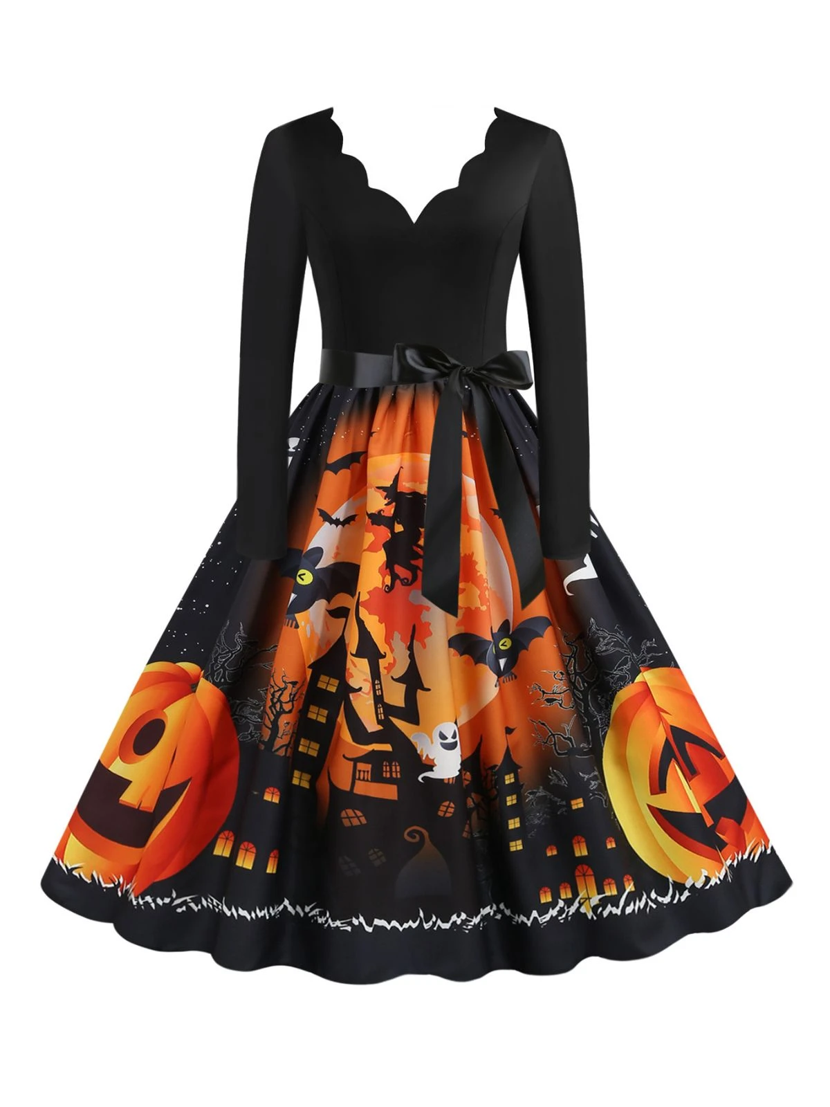 1950s Halloween Pumpkin V-Neck Hepburn Dress 1 1950s Halloween Pumpkin V-Neck Hepburn Dress