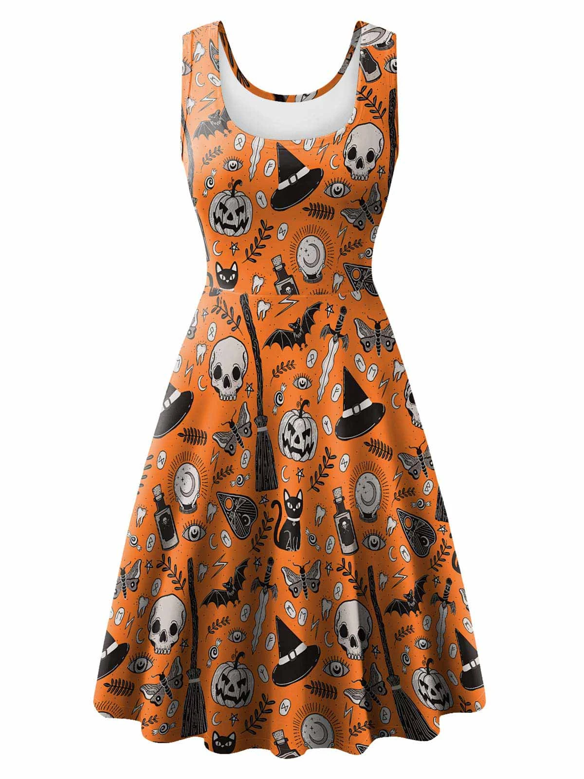 1950s Halloween Sleeveless Pumpkin Skull Dress 1 1950s Halloween Sleeveless Pumpkin Skull Dress