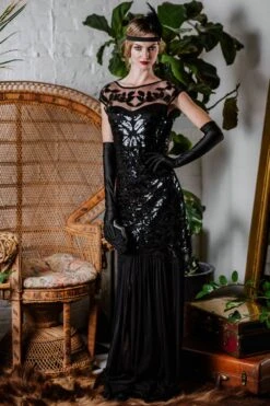 [US Warehouse] Black 1920s Sequin Maxi Flapper Dress -Candi Clothing Shop ALEX6222