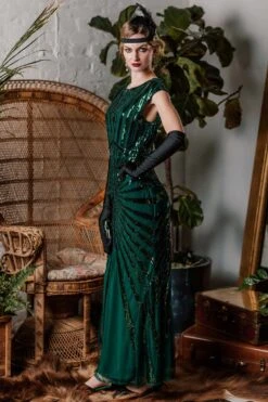 Green 1920s Sequin Art Deco Maxi Dress 10 Green 1920s Sequin Art Deco Maxi Dress -Candi Clothing Shop ALEX6327
