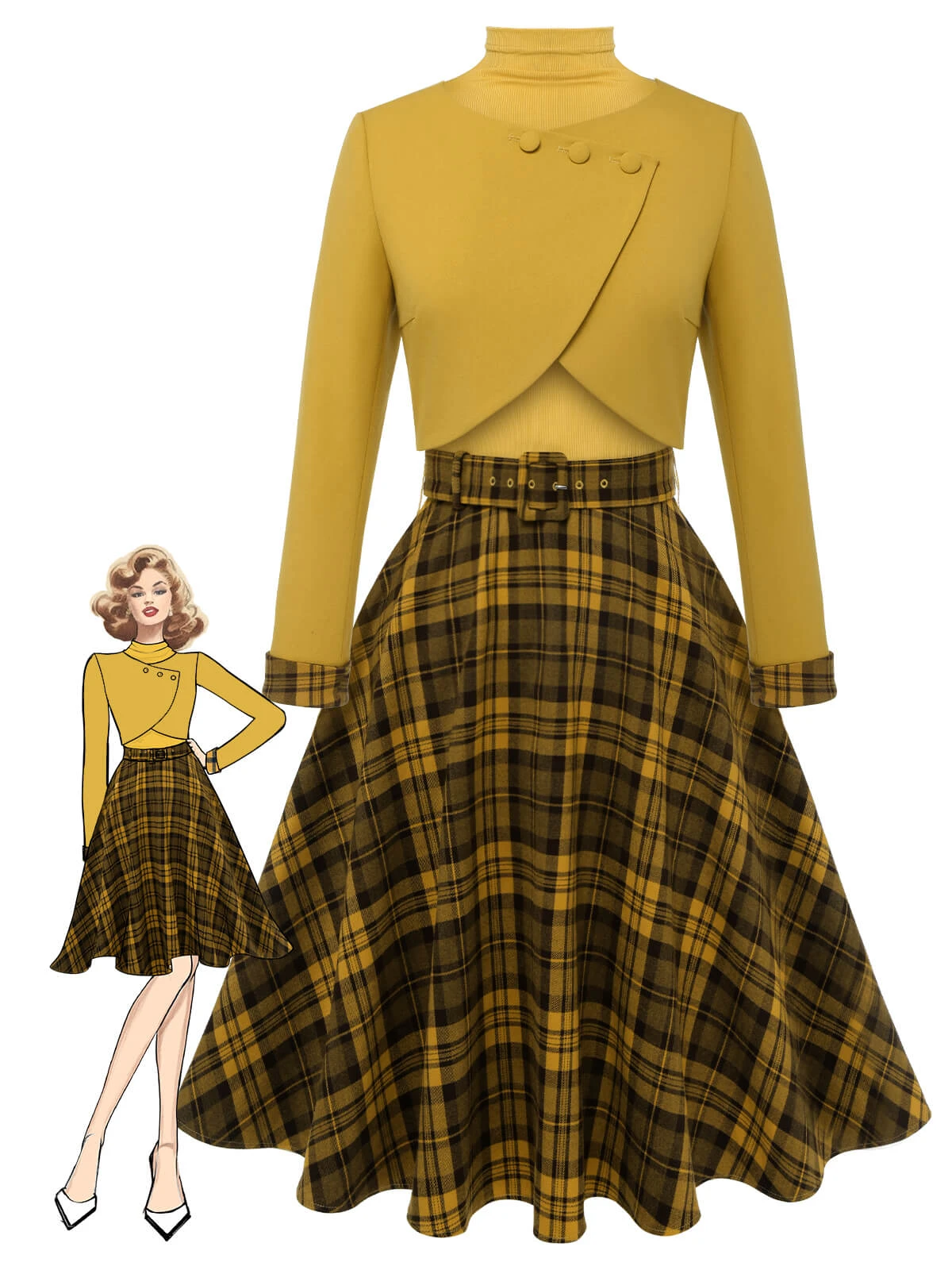 2PCS Yellow 1950s Short Coat & Plaid Dress 1 2PCS Yellow 1950s Short Coat & Plaid Dress