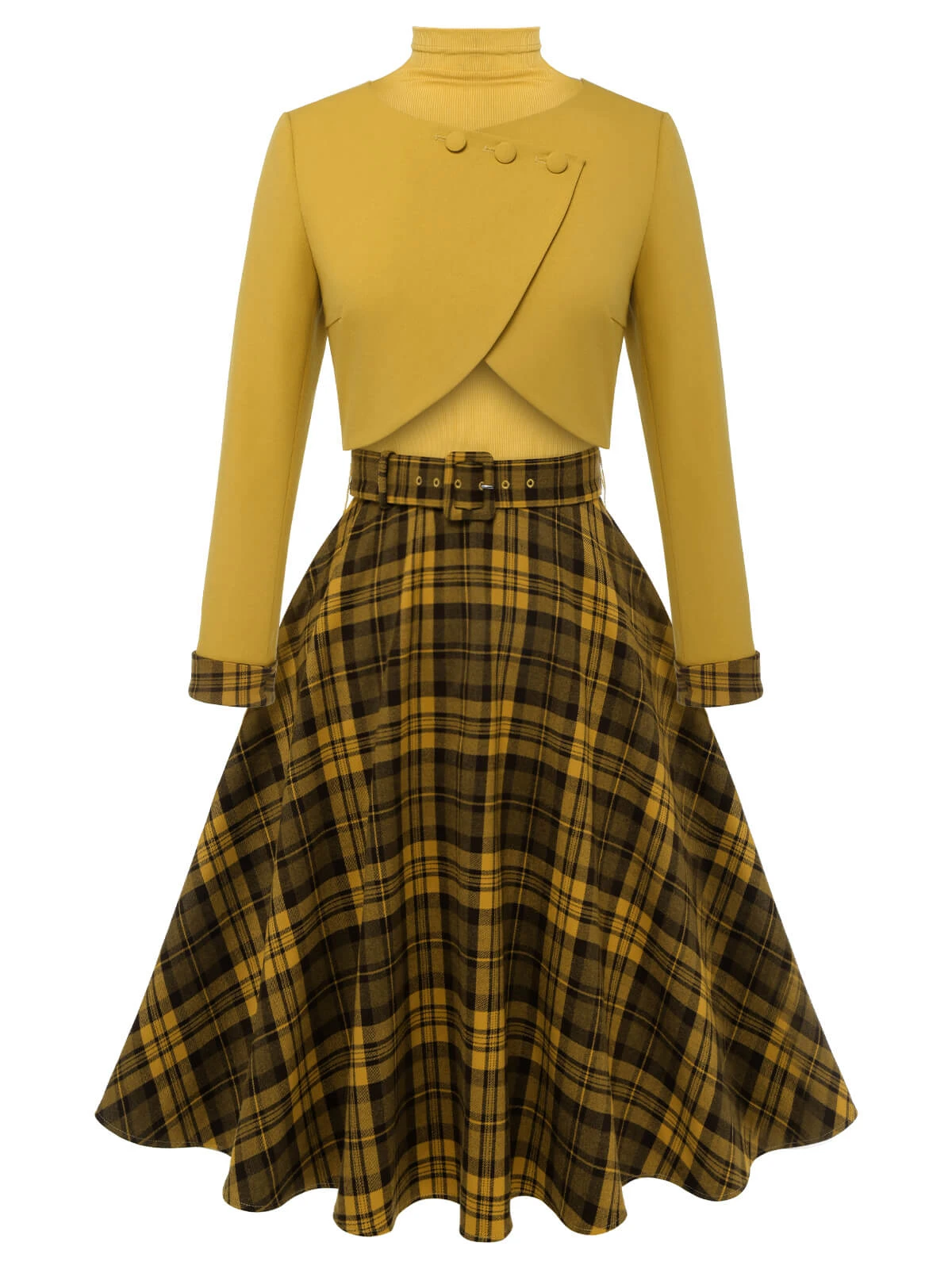 2PCS Yellow 1950s Short Coat & Plaid Dress 2 2PCS Yellow 1950s Short Coat & Plaid Dress - Image 2
