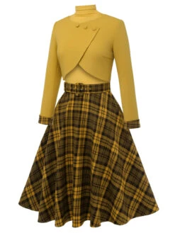 2PCS Yellow 1950s Short Coat & Plaid Dress 12 2PCS Yellow 1950s Short Coat & Plaid Dress -Candi Clothing Shop CBH180812 3