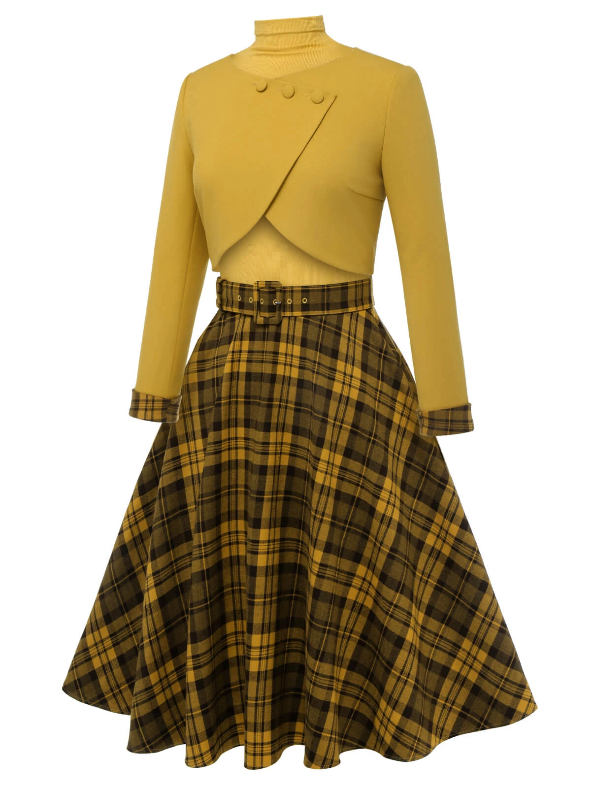 2PCS Yellow 1950s Short Coat & Plaid Dress 3 2PCS Yellow 1950s Short Coat & Plaid Dress - Image 3