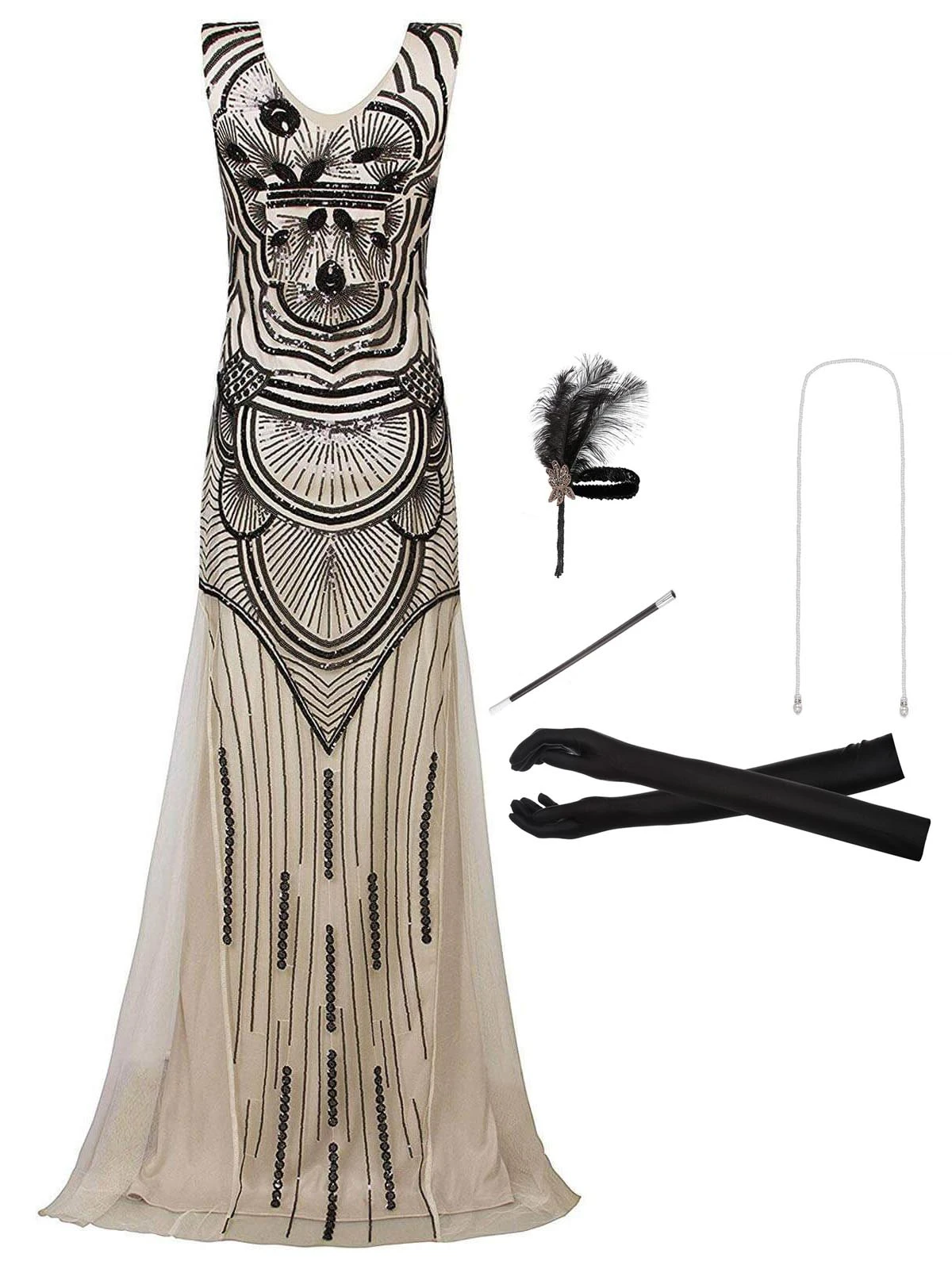 2PCS Sequin Maxi 1920s Dress & Accessories Set 1 2PCS Sequin Maxi 1920s Dress & Accessories Set