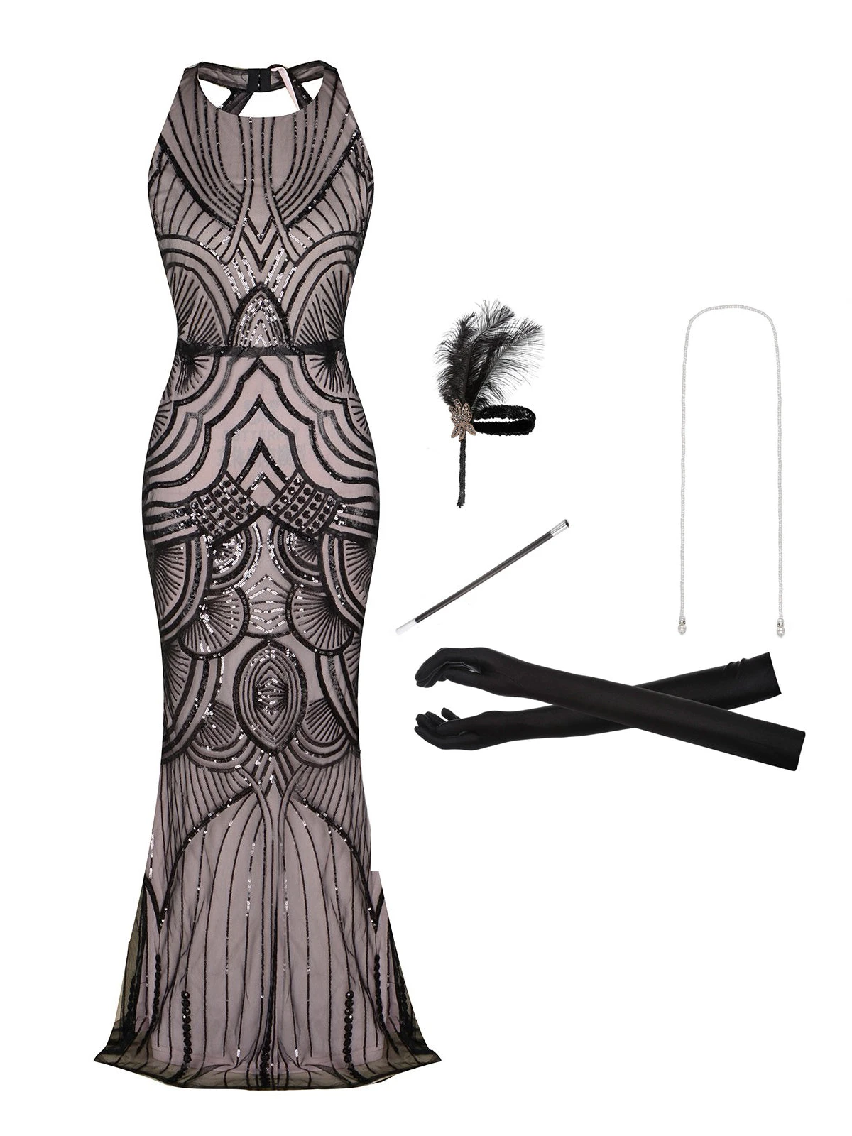 2PCS Sequin Backless 1920s Dress & Accessories Set 1 2PCS Sequin Backless 1920s Dress & Accessories Set