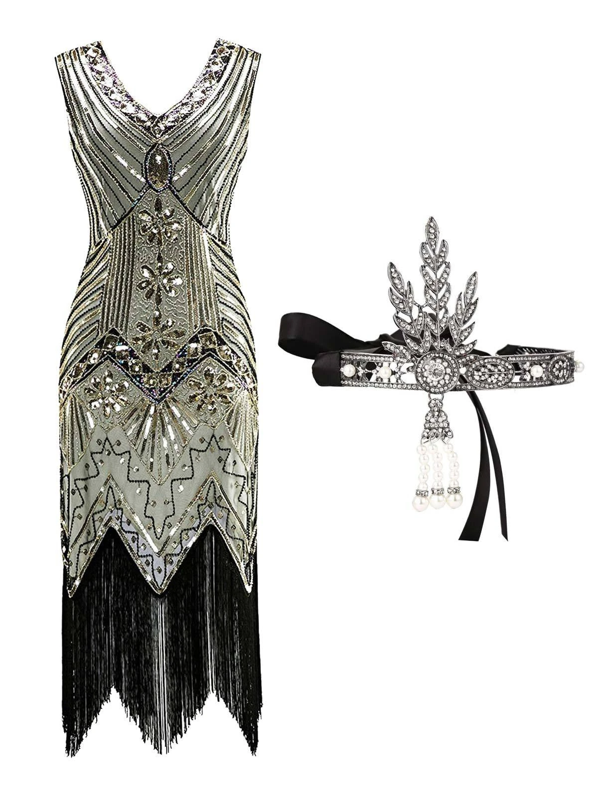 2PCS Top Seller Champagne 1920s Dress & Headband 1 2PCS Top Seller Champagne 1920s Dress & Headband