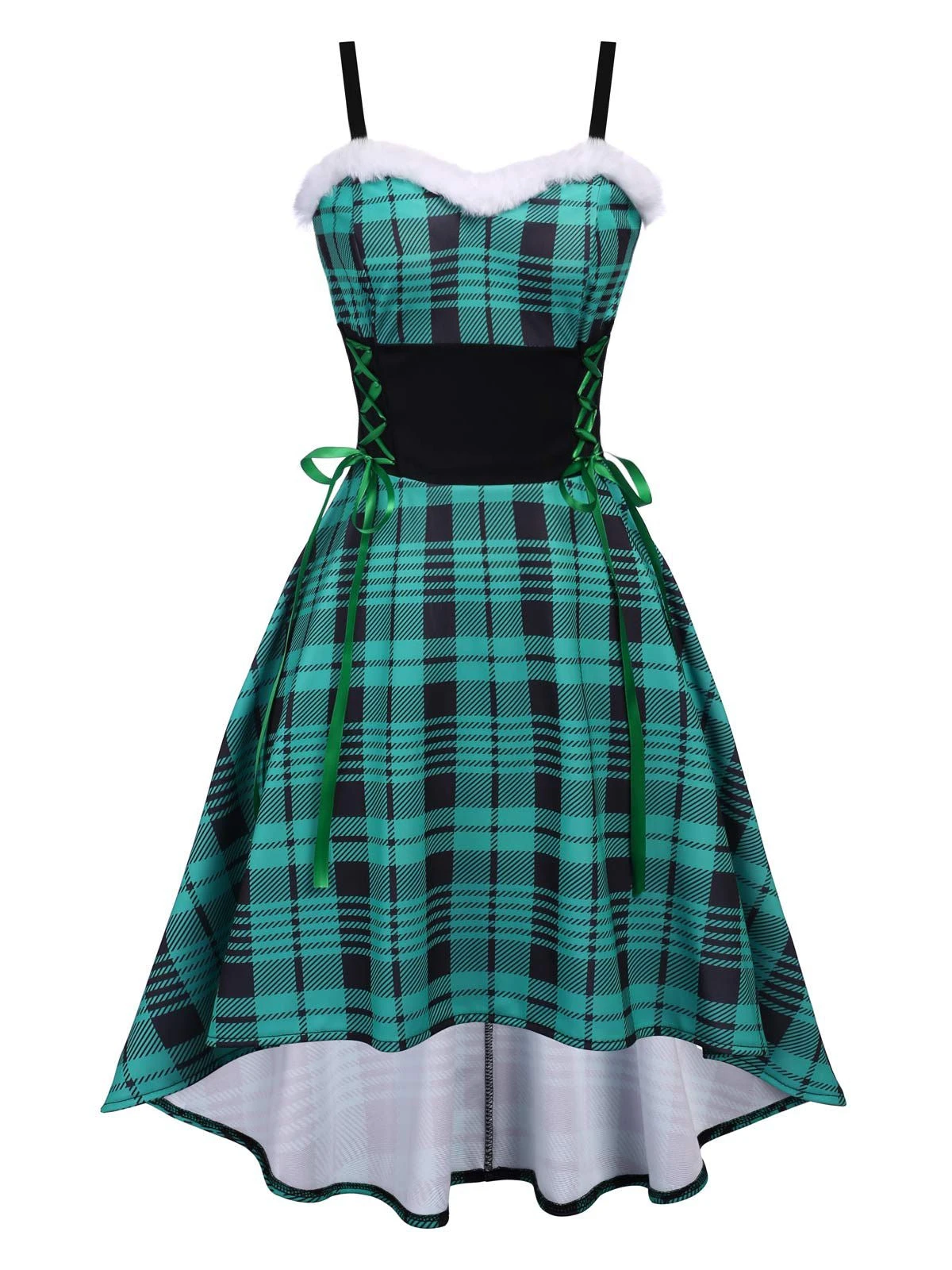 Green 1950s Furry Strap Plaid Swing Dress 1 Green 1950s Furry Strap Plaid Swing Dress