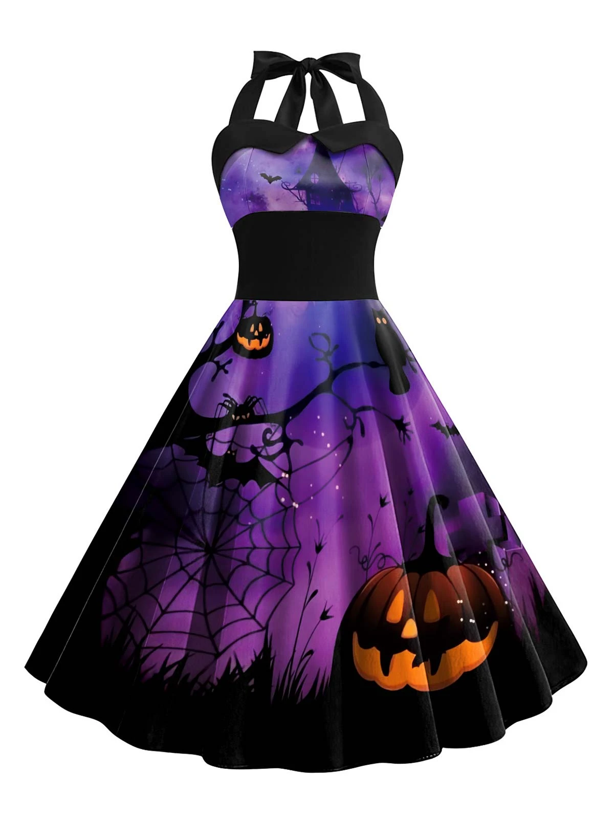 Bright Purple 1950s Halloween Spider Web Halter Dress 1 Bright Purple 1950s Halloween Spider Web Halter Dress