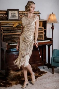 [US Warehouse] Apricot 1920s Sequin Beaded Fringed Dress -Candi Clothing Shop SCH000323 A 1