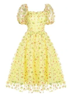 Yellow 3D Floral Puff Sleeves Swing Dress -Candi Clothing Shop SCH000538 1