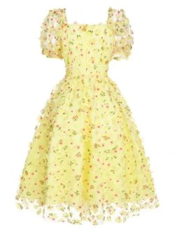 Yellow 3D Floral Puff Sleeves Swing Dress -Candi Clothing Shop SCH000538 2