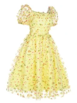 Yellow 3D Floral Puff Sleeves Swing Dress -Candi Clothing Shop SCH000538 3