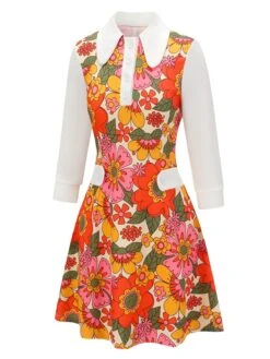 Orange 1960s Lapel Flowers Patchwork Dress -Candi Clothing Shop SCH000585 2