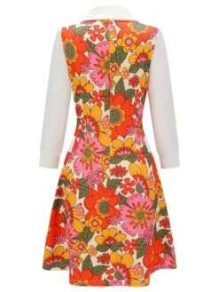 Orange 1960s Lapel Flowers Patchwork Dress -Candi Clothing Shop SCH000585 3