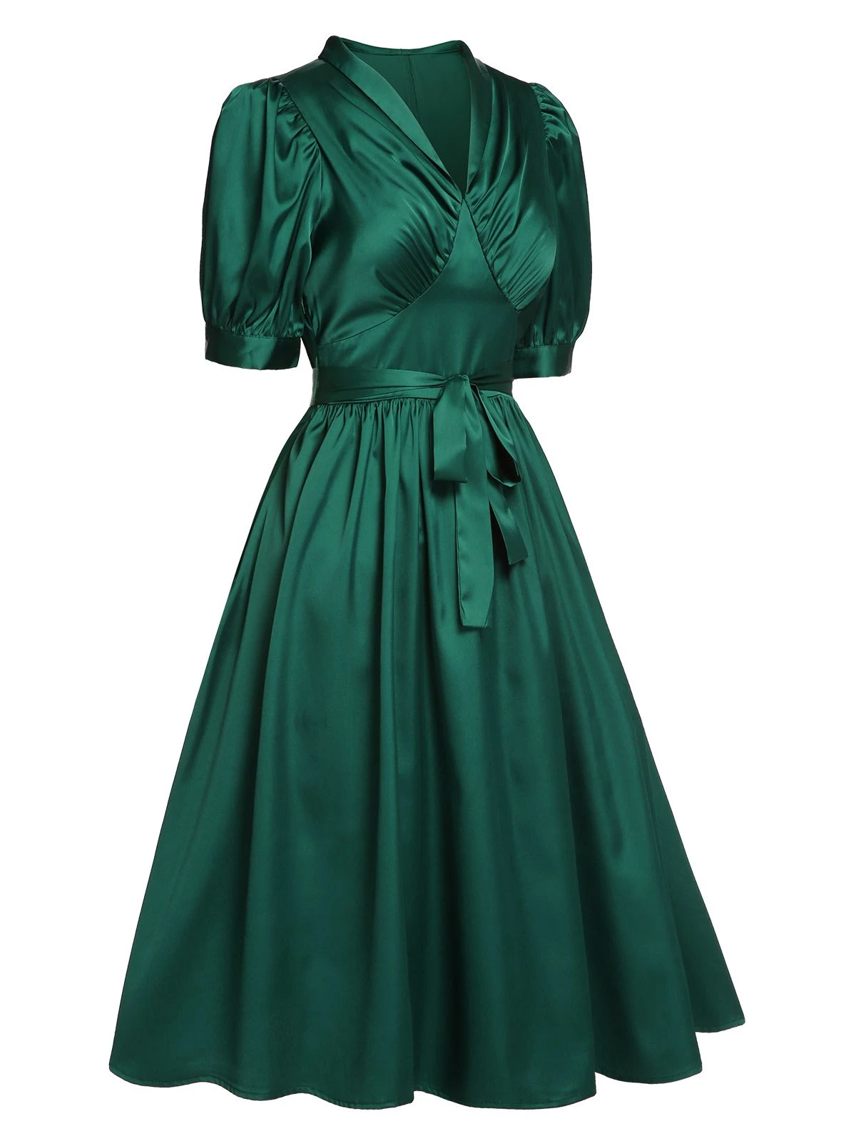 Dark Green 1940s Solid Belt V-Neck Dress 3 Dark Green 1940s Solid Belt V-Neck Dress - Image 3