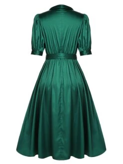 Dark Green 1940s Solid Belt V-Neck Dress 10 Dark Green 1940s Solid Belt V-Neck Dress -Candi Clothing Shop SCH000612 3 compressed