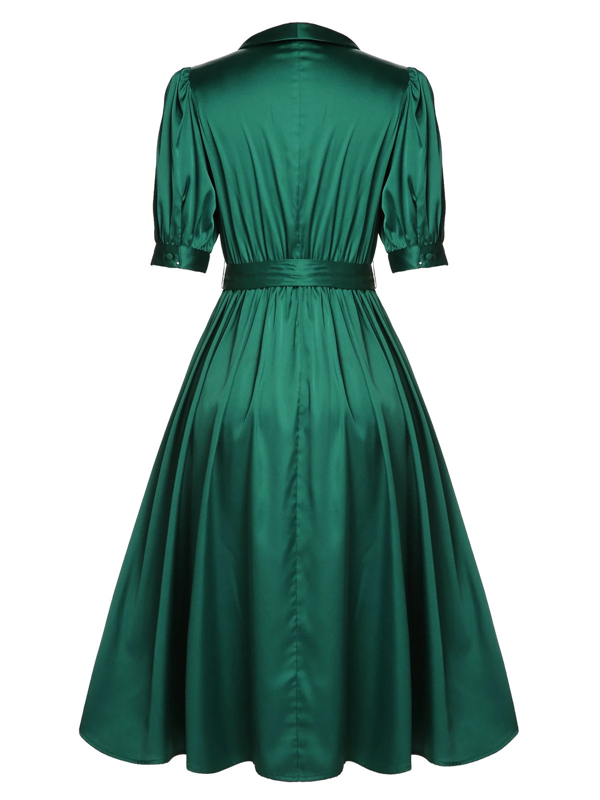 Dark Green 1940s Solid Belt V-Neck Dress 4 Dark Green 1940s Solid Belt V-Neck Dress - Image 4