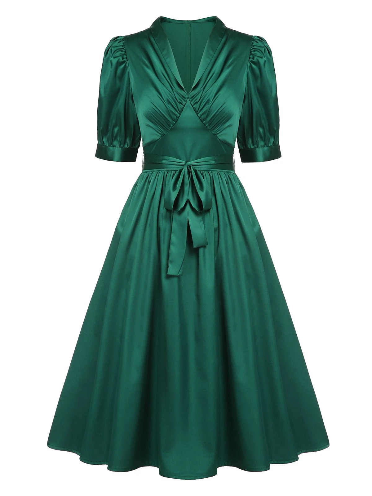 Dark Green 1940s Solid Belt V-Neck Dress 2 Dark Green 1940s Solid Belt V-Neck Dress - Image 2